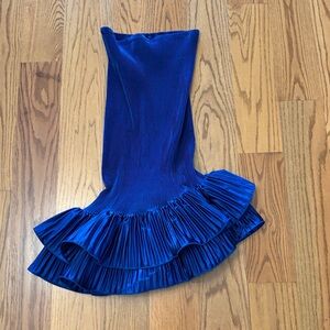 Royal blue pleated bodycon dress with ruffles at the bottom